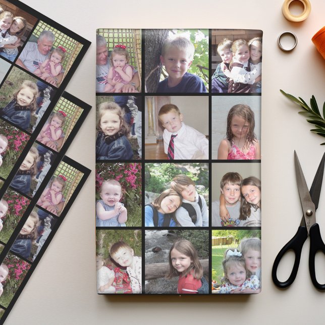 12 Photo Collage with black background Wrapping Paper Sheet (Personalized Photo Wrapping Paper)