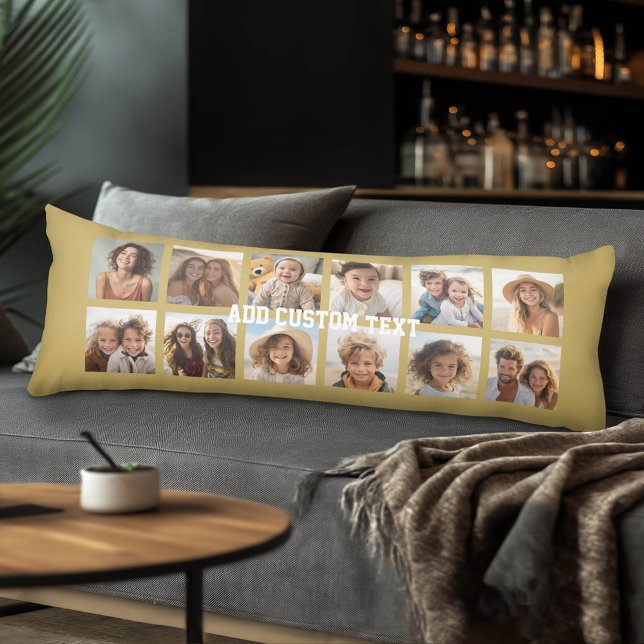 12 Photo Collage with Gold Background Body Cushion (Custom Photo Collage and Monogram Body Pillow)