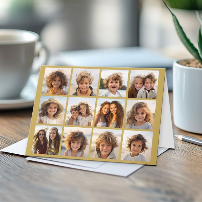 12 Photo Collage with Gold Background Card (Custom Photo Note Card)