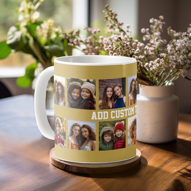 12 Photo Collage with Gold Background Coffee Mug (Photo mug with personalized text - makes a great gift!)