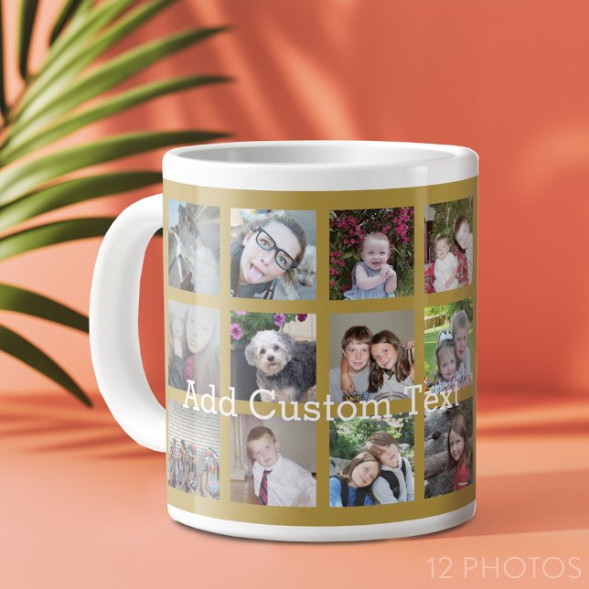 12 Photo Collage with Gold Background Large Coffee Mug (12 photo personalized coffee mug)