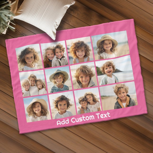 12 Photo Collage with Magenta Pink Background Fleece Blanket (Personalized fleece blanket with 12 photos and custom text)