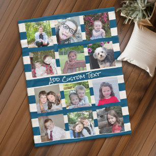 12 Photo Collage with Preppy Blue Ivory Stripes Fleece Blanket