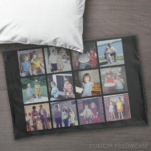 12 Photo Collage with Text on Back - Black Pillowcase