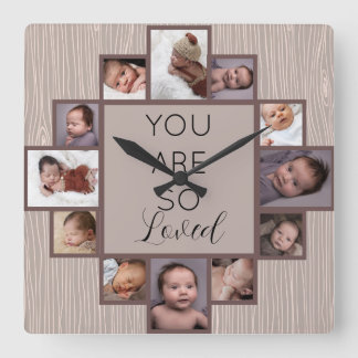 12 Photo Collage You are so Loved Quote Wood Square Wall Clock