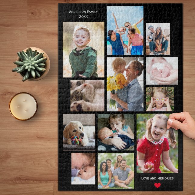 12 Photo Family Memory Collage with Heart on Black Jigsaw Puzzle (Creator Uploaded)