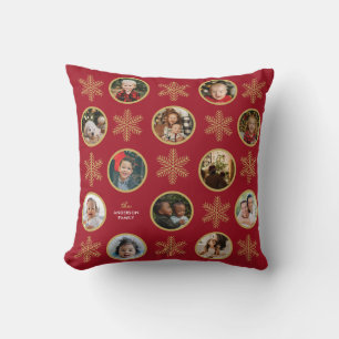 12 Photo Family Snowflake Red Vintage Christmas  Cushion