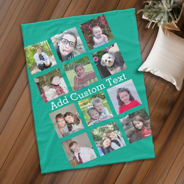 12 Photo Fun Square Collage with Green Background Fleece Blanket (Personalized fleece blanket with 12 photos and custom text - Makes a great Gift)