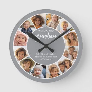 12 Photo Funky Photo Collage - We Love You Grandma Round Clock