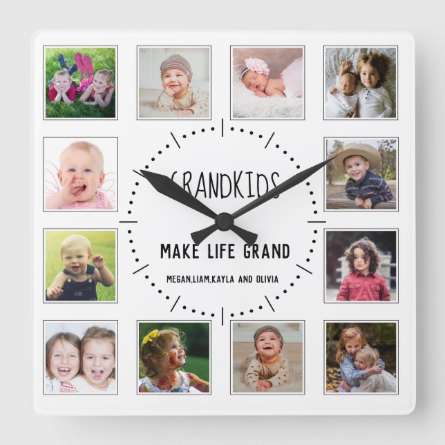 12 Photo Grandkids Make Life Grand Quote White Square Wall Clock (Front)