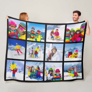 12 Photo Grid Collage Black Fleece Blanket