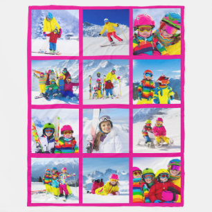 12 Photo Grid Collage Hot Pink  Fleece Blanket