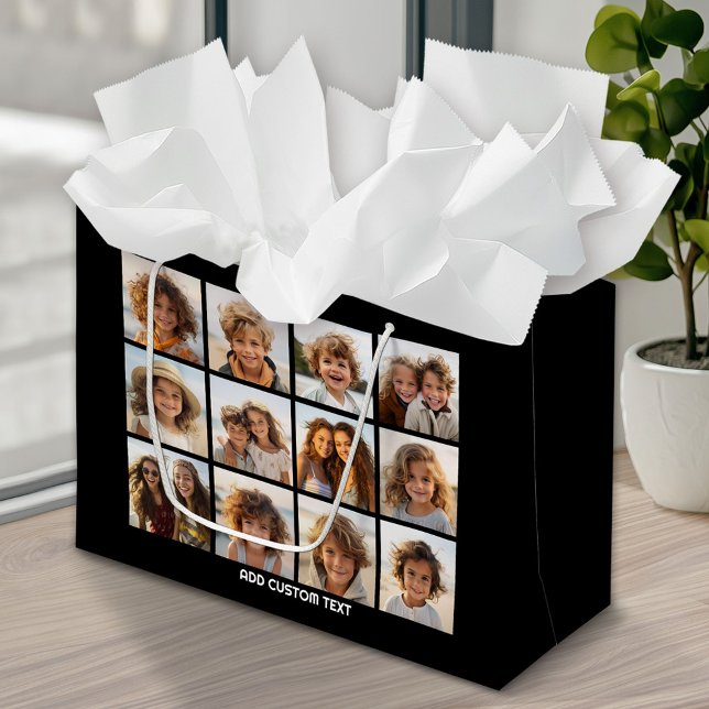 12 Photo Instagram Collage with Black Background Large Gift Bag (Custom Photo Gift Bag)