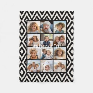 12 Photo Instagram Collage with Black Ikat Pattern Fleece Blanket