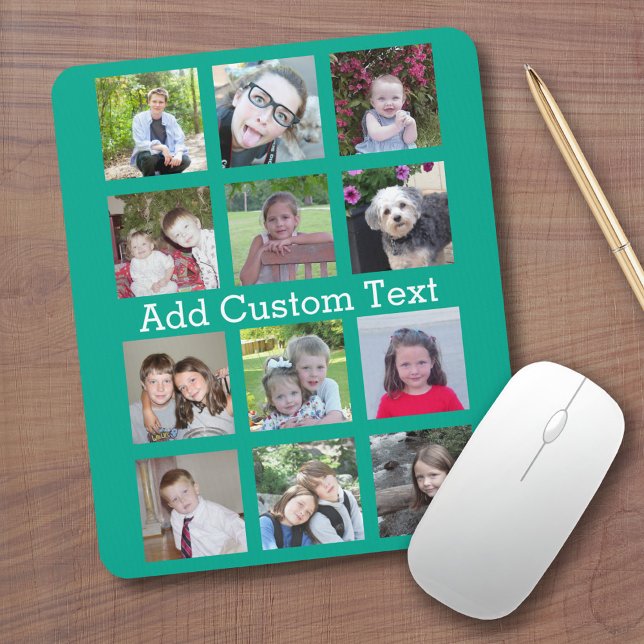 12 Photo Instagram Collage with Green Background Mouse Pad (Custom Mouse Pad - Add Photos and Text)