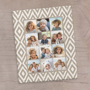 12 Photo Instagram Collage with Khaki Ikat Pattern Fleece Blanket