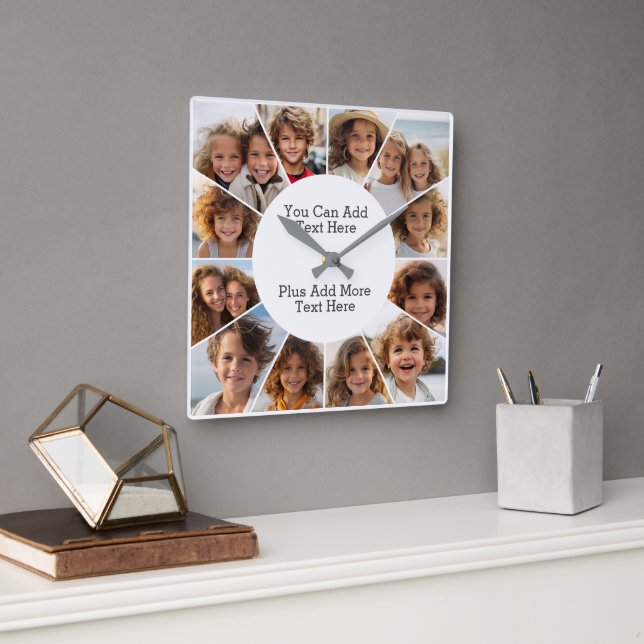 12 Photo Minimal Grid with Simple Text  Square Wal Square Wall Clock (Office)