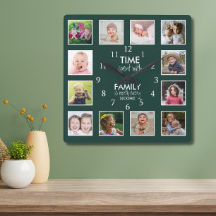 12 Photo Template Family Time Quote Forest Green Square Wall Clock