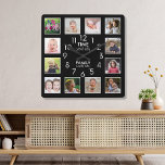 12 Photo Template Time With Family Quote Black Square Wall Clock<br><div class="desc">Custom photo clock with the inspiring family quote "Time spent with family is worth every second”. Personalise with 12 of your favourite family photos.</div>