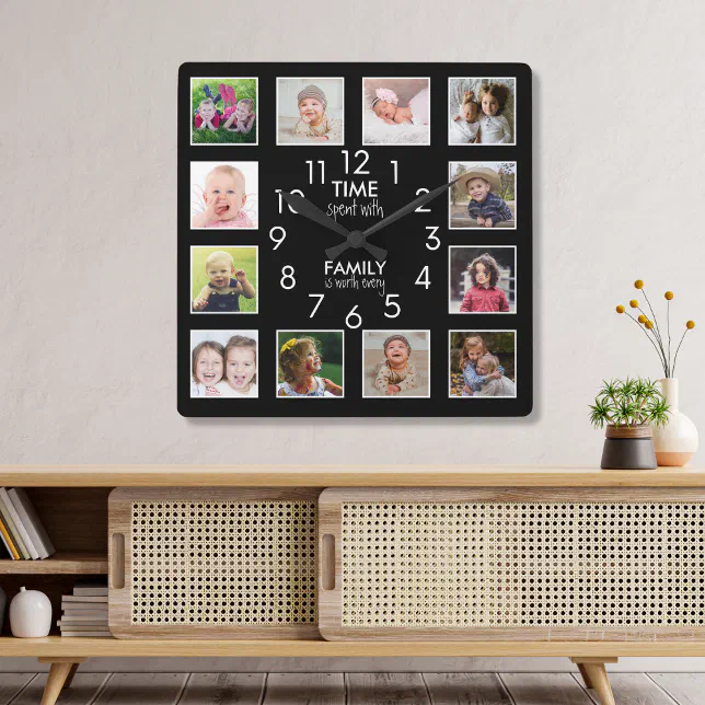 12 Photo Template Time With Family Quote Black Square Wall Clock | Zazzle