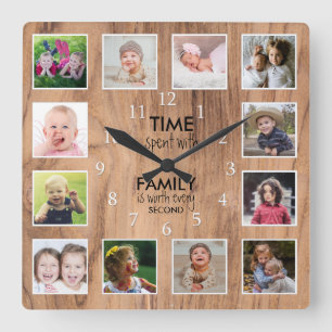 12 Photo Template Time With Family Quote Farmhouse Square Wall Clock