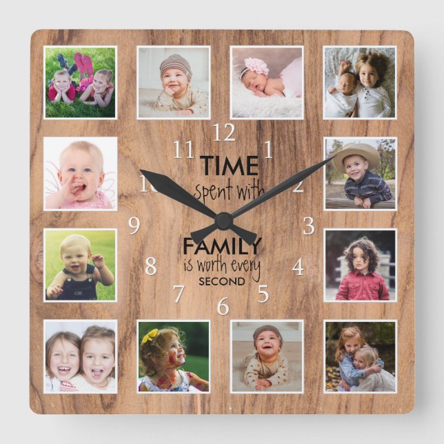 12 Photo Template Time With Family Quote Farmhouse Square Wall Clock (Front)