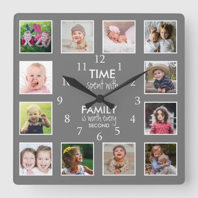 12 Photo Template Time With Family Quote Gray Square Wall Clock (Front)