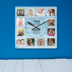 12 Photo Time Family Quote Blue Wood Beach House Square Wall Clock