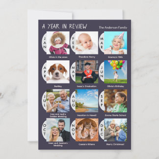 12-Photo Year Review Personalised Dark Blue Holiday Card
