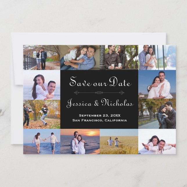12 Photos Collage Black - 5x7 Save the Date (Front)