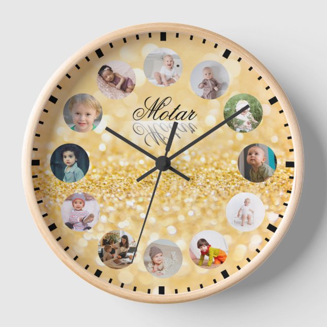 12 Photos collage Personalised Name Golden style Clock (Front)