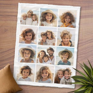 12 Photos - Modern Collage - White with Text Fleece Blanket
