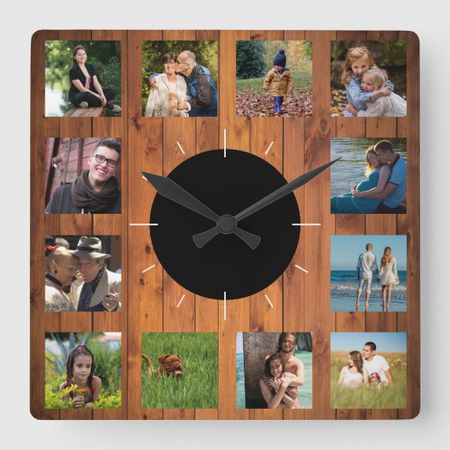 12 Picture Family Photo ✨ Faux Cherry Wood Square Wall Clock (Front)