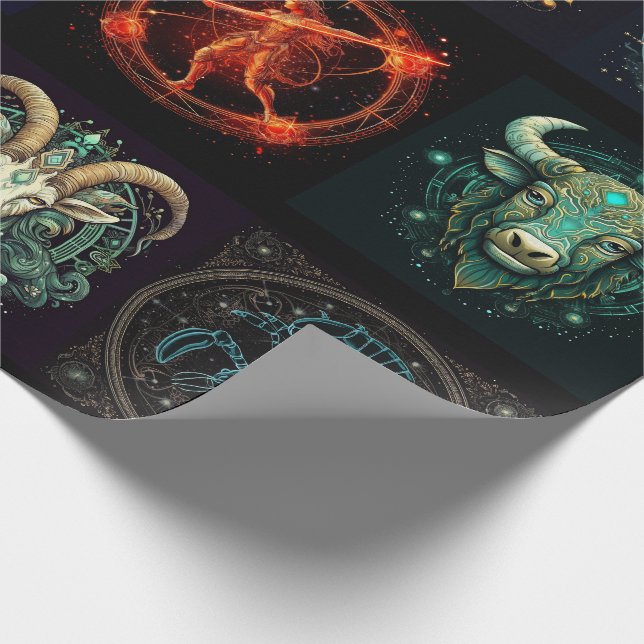 12 Signs of the Zodiac Beautiful Birthday Gift Wrapping Paper (Corner)