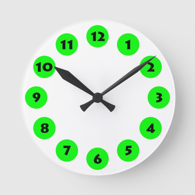 12 Spots - Black with Green on White Round Clock (Front)