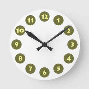 12 Spots - Pale Yellow with Dp Olive on White Round Clock