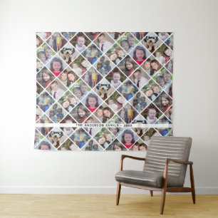 12 Square Photo Collage Grid with Text - white Tapestry