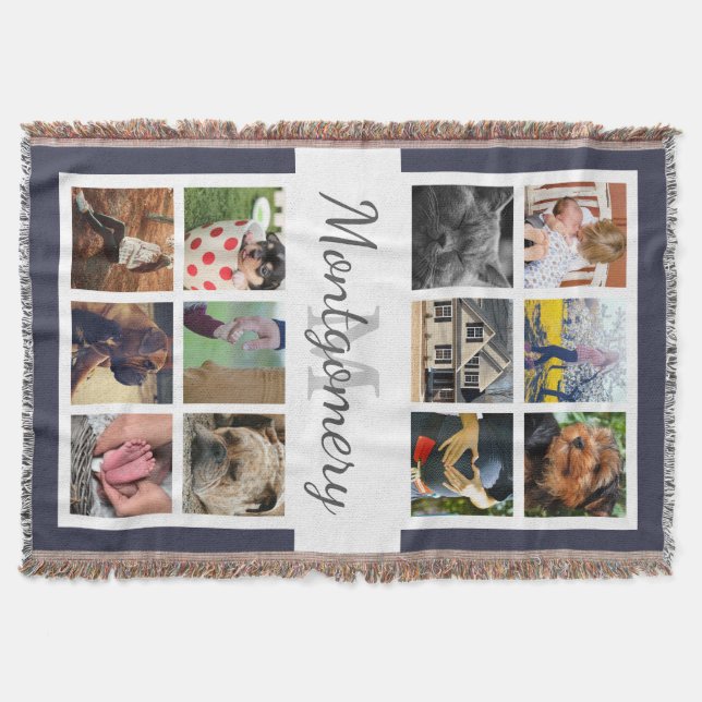12 Square Photos Family Name and Monogram Throw Blanket (Front)
