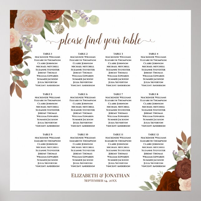 12 Table Autumn Floral Boho Wedding Seating Chart (Front)