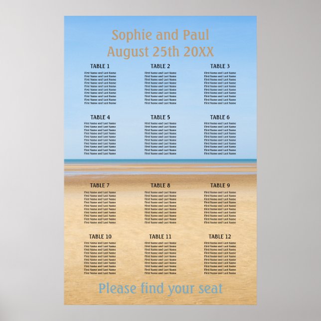 12 Table Beach Wedding Seating Chart (Front)