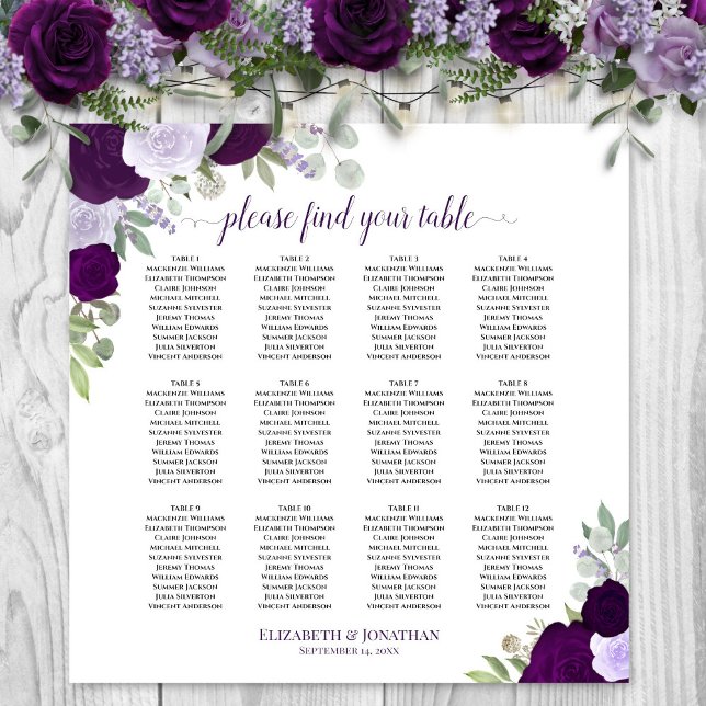 12 Table Chic Purple Roses Wedding Seating Chart (In Situ on Wall with Flowers)
