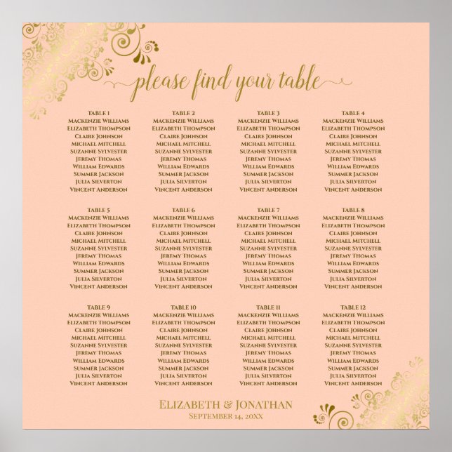 12 Table Coral Peach & Gold Wedding Seating Chart (Front)