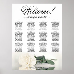 12 Table Elegant White Rose Wedding Seating Chart