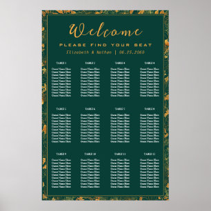 12 Table Emerald Green & Gold Floral Seating Chart