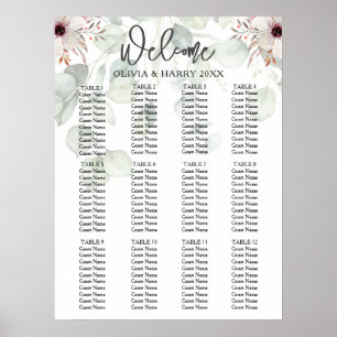 12 Table Eucalyptus Floral Wedding Seating Chart