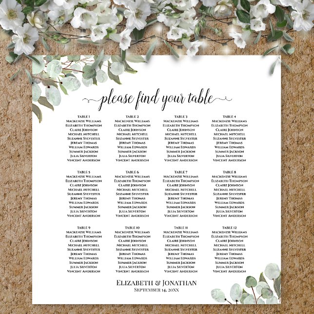 12 Table Eucalyptus Greenery Wedding Seating Chart (In Situ on Wall with Decorations)