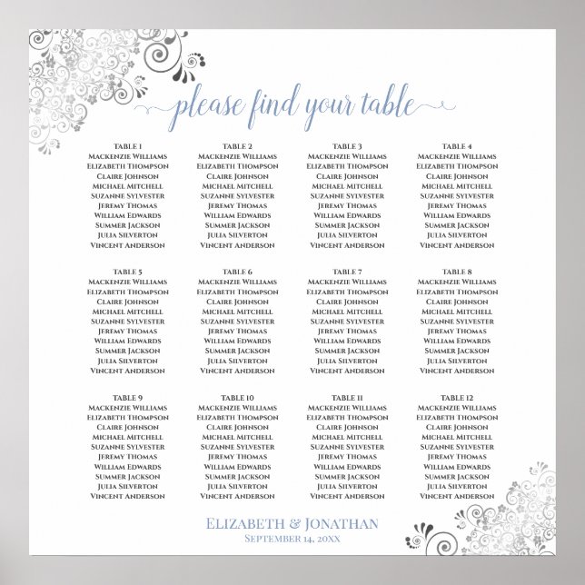 12 Table Frilly Blue & White Wedding Seating Chart (Front)
