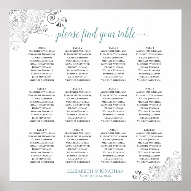 12 Table Frilly Teal & White Wedding Seating Chart (Front)
