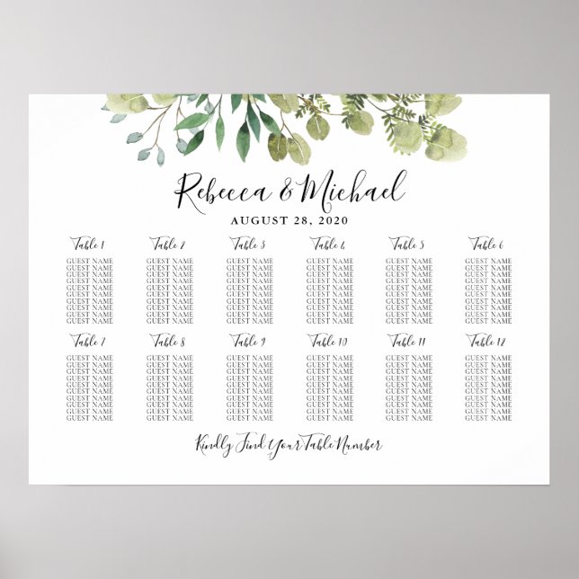 12 Table Greenery Wedding Guest Seating Chart (Front)