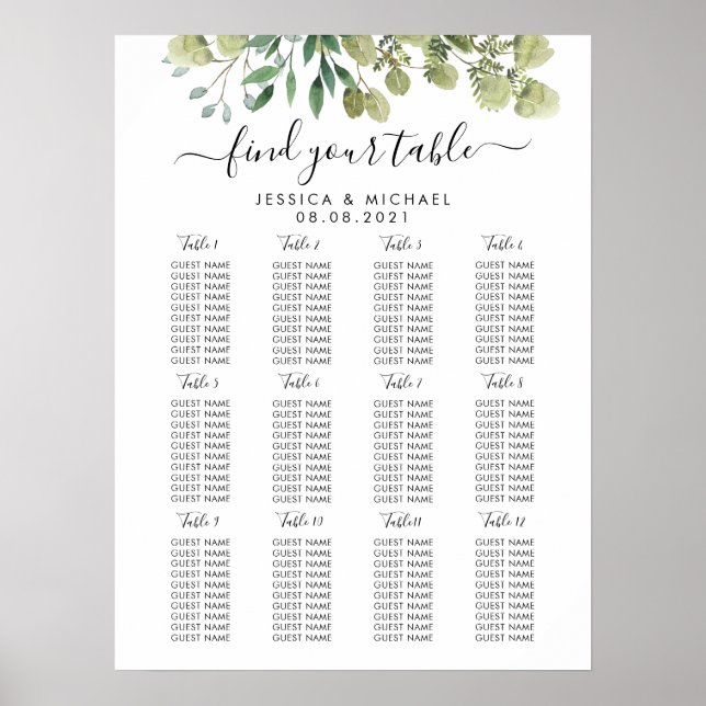 12 Table Large Wedding Guest Seating Chart (Front)